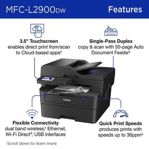Brother Wireless MFC-L2900DW Compact Monochrome All-in-One Laser Printer with Single Pass Duplex Copy and Scan, Fax, Mobile Printing, Refresh Subscription Ready