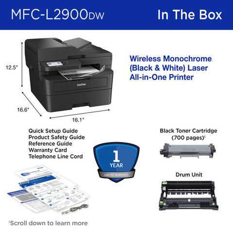 Brother Wireless MFC-L2900DW Compact Monochrome All-in-One Laser Printer with Single Pass Duplex Copy and Scan, Fax, Mobile Printing, Refresh Subscription Ready