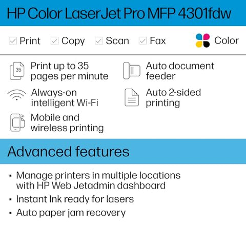 HP Color LaserJet Pro MFP 4301fdw Wireless Printer, Print, scan, copy, fax, Fast speeds, Easy setup, Mobile printing, Advanced security, Best for small teams