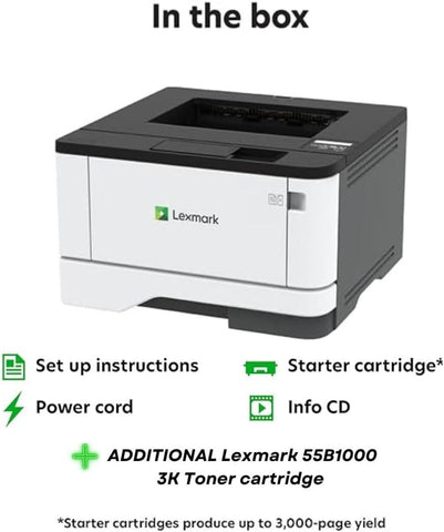 Lexmark MS431DN Laser Printer - Monochrome - 42 ppm Mono - 2400 dpi - Automatic Duplex Print - 100 Sheets Input - Gigabit Ethernet (29S0050) Bundle with 55B1000 Black 3K Yield Toner Cartridge