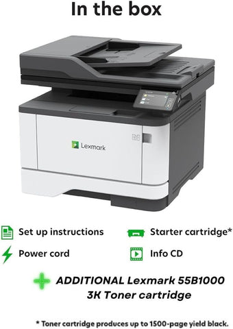 Lexmark MX331adn Black and White Laser All-in-One Printer with Touchscreen, Duplex Printing and Analogue Fax (3-Series)(29S0150) Bundle with 55B1000 Black 3K Yield Toner Cartridge