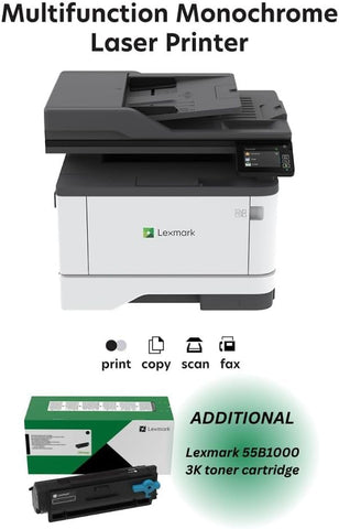 Lexmark MX331adn Black and White Laser All-in-One Printer with Touchscreen, Duplex Printing and Analogue Fax (3-Series)(29S0150) Bundle with 55B1000 Black 3K Yield Toner Cartridge
