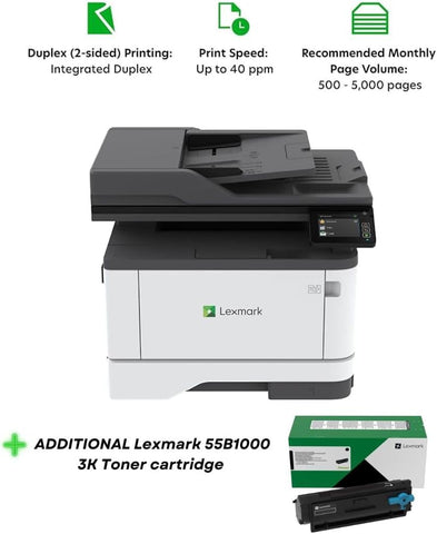 Lexmark MX331adn Black and White Laser All-in-One Printer with Touchscreen, Duplex Printing and Analogue Fax (3-Series)(29S0150) Bundle with 55B1000 Black 3K Yield Toner Cartridge