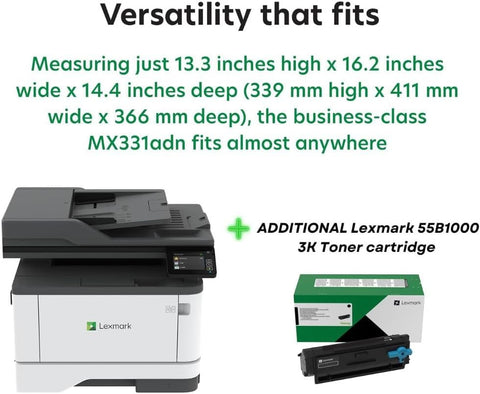 Lexmark MX331adn Black and White Laser All-in-One Printer with Touchscreen, Duplex Printing and Analogue Fax (3-Series)(29S0150) Bundle with 55B1000 Black 3K Yield Toner Cartridge