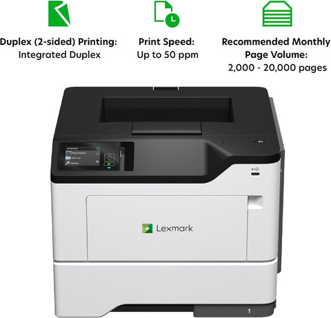 Lexmark MS631dw Monochrome Laser, Duplex (2-Sided) Printing: Integrated Duplex, Print Speed: Up to 50 ppm, Energy Star, 2.8 inch (7.2 cm) Color Touch Screen (38S0400)
