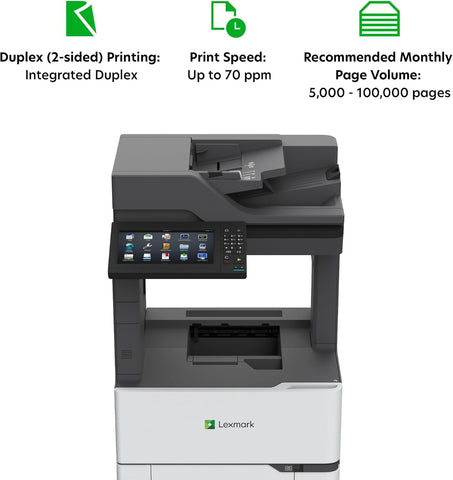 Lexmark MX826ade Monochrome Laser,Integrated Duplex (2-Sided Printing),10-inch Color Touch Screen, Energy Star, Recommended Monthly Page Volume: 5000-100000 Pages, Print Speed: Up to 70 ppm(25B0610)