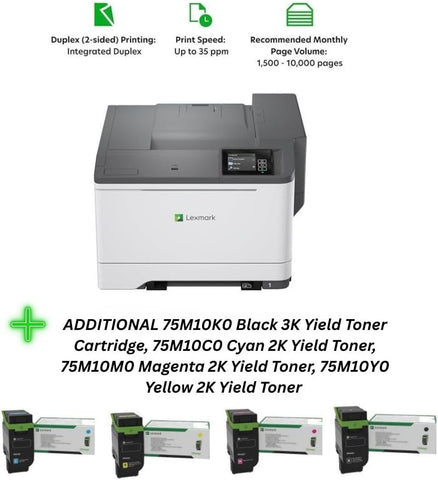 LEXMARK CS531dw Color Laser Wireless Printer (50M0020), Bundle with 75M10K0 Black 3K Yield Toner, 75M10C0 Cyan 2K Yield Toner, 75M10M0 Magenta 2K Yield Toner, 75M10Y0 Yellow 2K Yield Toner