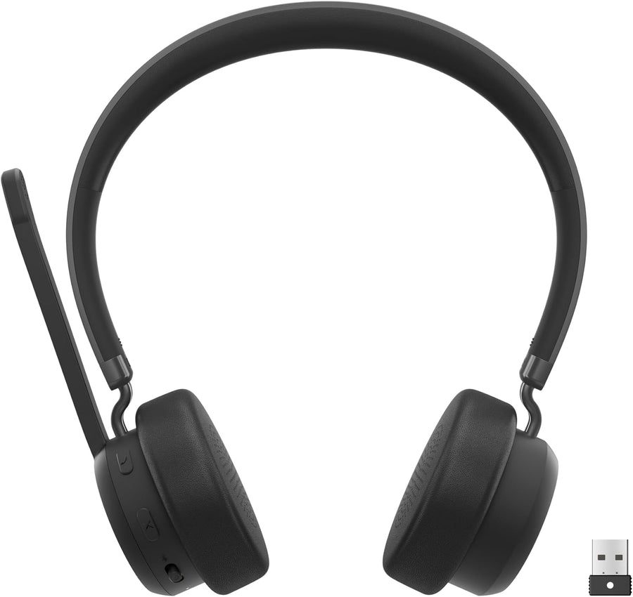 Lenovo Wireless VoIP Headset in black with boom microphone and USB-A receiver