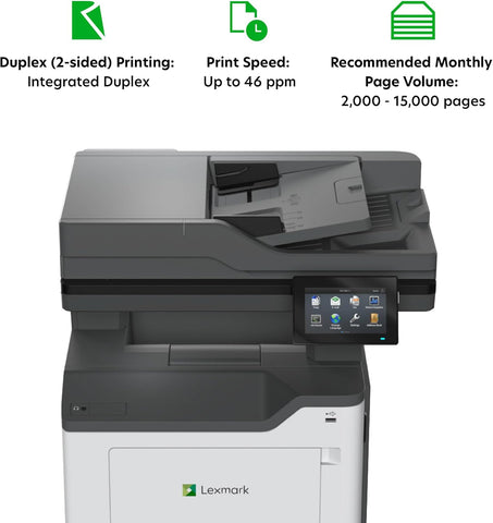 Lexmark MX532adwe Monochrome Laser All-in-One Printer, Integrated Duplex, Energy Star, 4.3-inch Color Touch Screen, Print Speed: Up to 46 ppm, Rec. Monthly Page Volume: 2,000-15,000 Pages(38S0820)