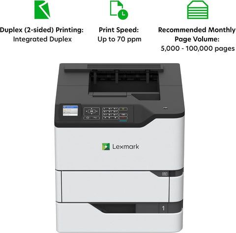 Lexmark MS825dn Monochrome Laser Duplex (2-Sided) Printing, Print Speed of up to 70 ppm and Recommended Monthly Volume of 5000-100000 Pages(50G0300)