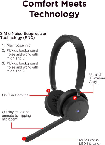 Lenovo Wireless VoIP Headset Teams Certified, Noise-Canceling Mic, Bluetooth 5.3 Multipoint, USB-A Receiver, 31-Hour Talk & 60-Hour Playback, Lightweight Over-Ear Design, Replaceable Earcups