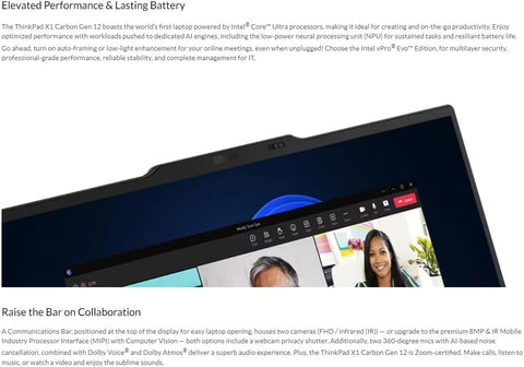 Lenovo Gen 12 ThinkPad X1 Carbon Laptop with Intel Ultra 7 155U Processor, 14" WUXGA 100% sRGB Non-Touch Display, 32GB 6400MHz RAM, 1TB Gen4 Performance SSD, FHD+ IR+ RGB Camera, and Windows 11 Pro