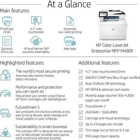 HP Color LaserJet Enterprise M480f Multifunction Duplex Printer, Print, scan, Copy, Fast speeds, Easy Setup, Advanced Security, Best for Small Teams, Ethernet/USB only (3QA55A)