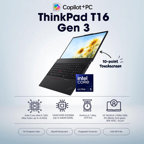Lenovo ThinkPad T16 Gen 3 Business Laptop (16" FHD+, Intel 12-Core Ultra 5 125U (>i7-1355U), 16GB DDR5, 512GB SSD), 2X Thunderbolt 4, Fingerprint, Backlit, 5MP Webcam, Ethernet, Win 11 Pro, MAJ Deskp