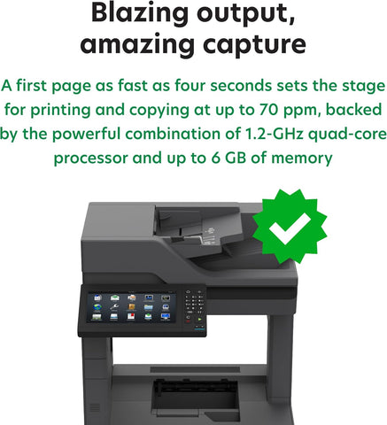 Lexmark MX826ade Monochrome Laser,Integrated Duplex (2-Sided Printing),10-inch Color Touch Screen, Energy Star, Recommended Monthly Page Volume: 5000-100000 Pages, Print Speed: Up to 70 ppm(25B0610)