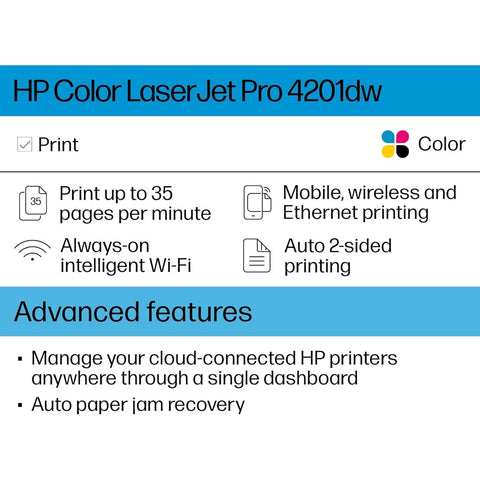 HP Colour LaserJet Pro 4201dw Wireless Colour Laser Printer, Best for Office (4RA86F#BGJ)