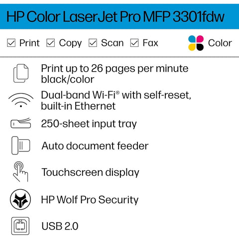 HP Color LaserJet Pro MFP 3301fdw Wireless Printer (499Q5F#BGJ)