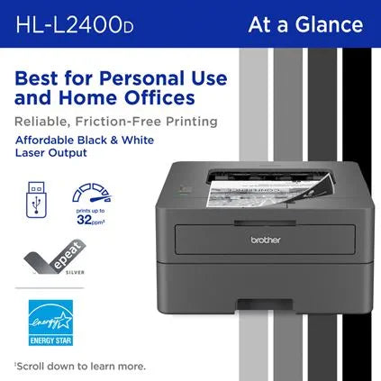 Brother HL-L2460DW Compact Monochrome Laser Printer, Duplex, USB-connected, clear, sharp black & white printing