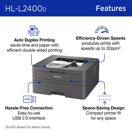 Brother HL-L2460DW Compact Monochrome Laser Printer, Duplex, USB-connected, clear, sharp black & white printing