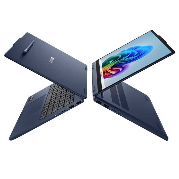 Two Lenovo IdeaPad 5 2-in-1 laptops in Cosmic Blue showing the aluminum lid with pen and the stand mode position
