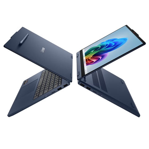 Two Lenovo IdeaPad 5 2-in-1 laptops in Cosmic Blue showing the aluminum lid with pen and the stand mode position