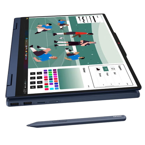 Lenovo IdeaPad 5 2-in-1 folded flat in tablet mode with the Lenovo Pen Gen 2 beside it