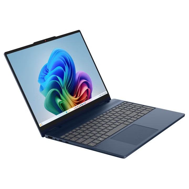 Cosmic Blue Lenovo IdeaPad 5i 2-in-1 open at an angle showing the USB-C and USB-A ports on the left side