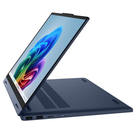 Cosmic Blue Lenovo IdeaPad 5i 2-in-1 in stand mode with the keyboard folded behind the screen
