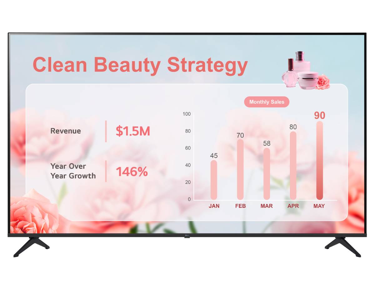 LG 75PK340S0UA 75 inch commercial TV showing a business presentation on screen