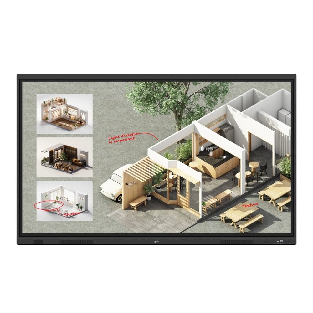 LG 86 inch CreateBoard 86TR3DQ-B interactive display, front view with split-screen content