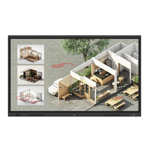 LG 86 inch CreateBoard 86TR3DQ-B interactive display, front view with split-screen content