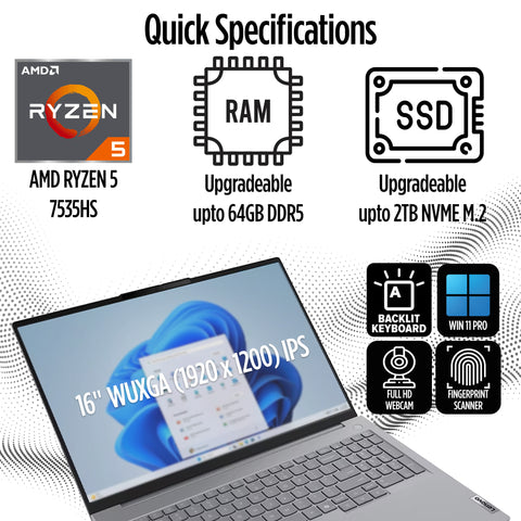 Lenovo ThinkBook 16 Gen 7 Business Laptop, 16" FHD+ Display, AMD Ryzen 5 7535HS (> i7-1355U), 32GB DDR5 RAM, 1TB SSD, KB Backlit, Webcam, Ethernet, Wi-Fi 6, Windows 11 Pro w/Copilot, MAJ DESKPAD
