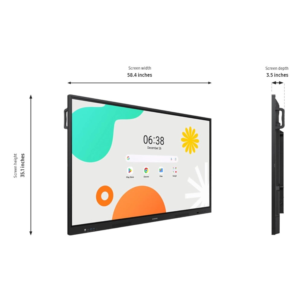 Samsung 65 inch WAF interactive display dimensions diagram, 58.4 by 35.1 by 3.5 inches