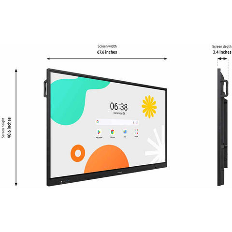 Samsung 75 inch WAF interactive display dimensions diagram, 67.6 by 40.6 by 3.42 inches