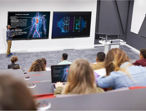 Students collaborating in front of Samsung WAF interactive displays