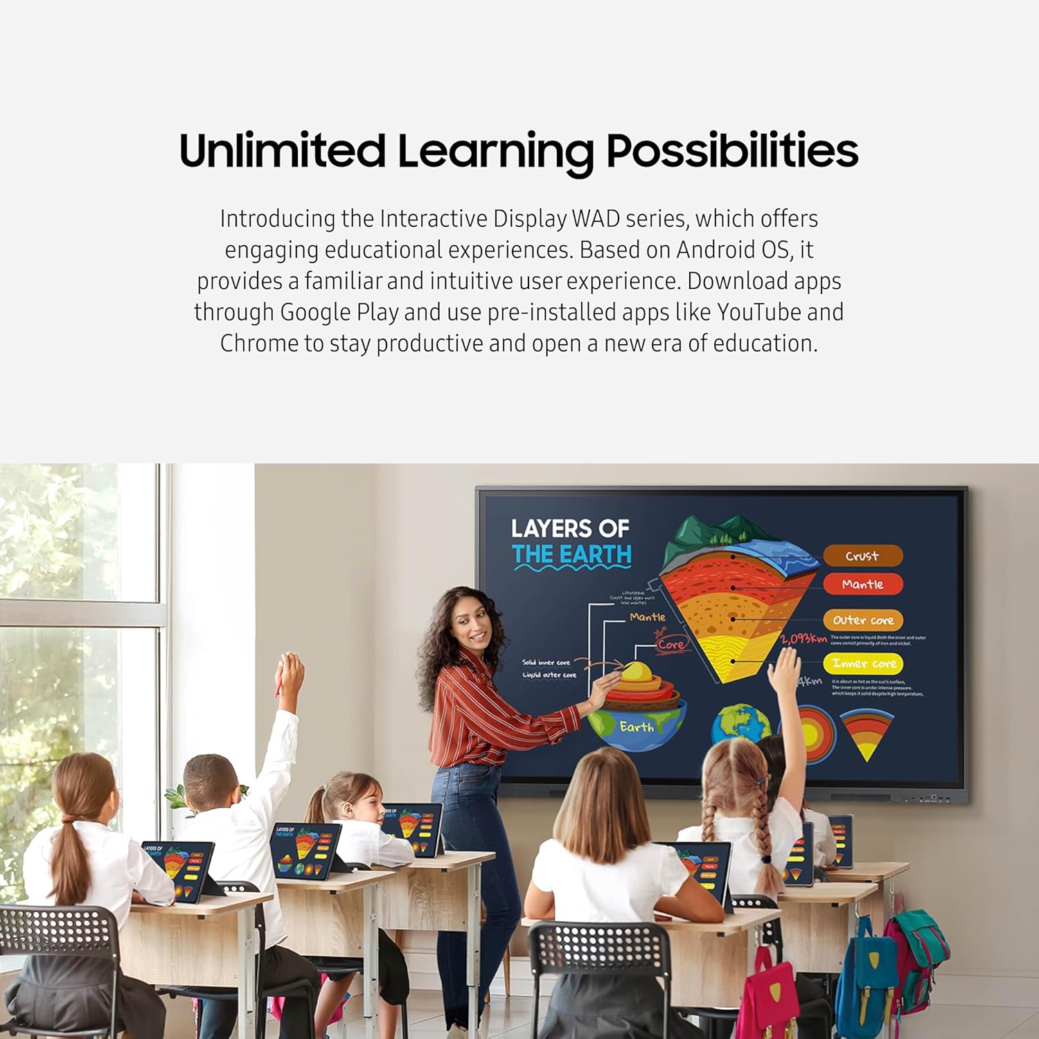 Teacher and students in a classroom with an Interactive Display WAD series showing educational content.