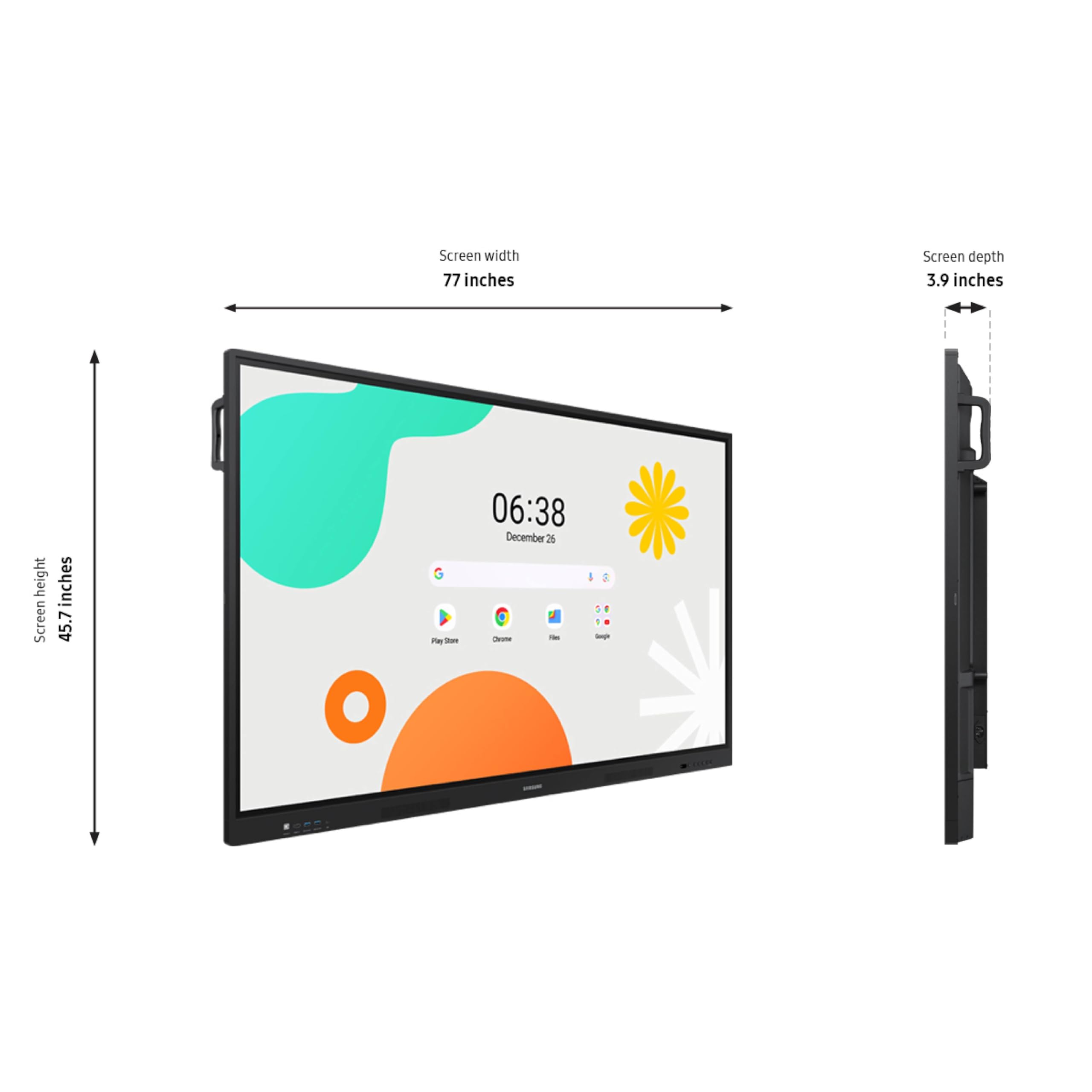 Samsung 86 inch WAF interactive display dimensions diagram, 77.2 by 46.1 by 3.5 inches