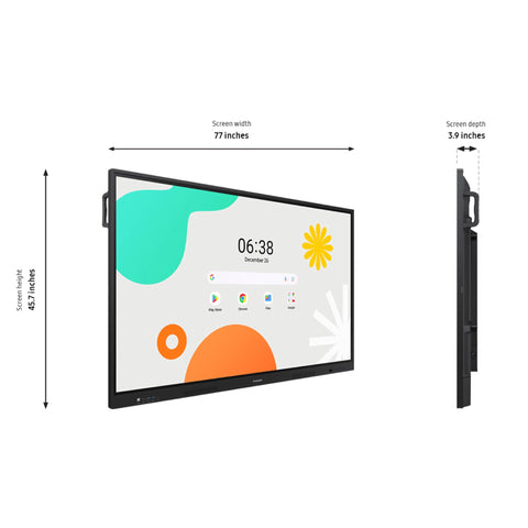 Samsung 86 inch WAF interactive display dimensions diagram, 77.2 by 46.1 by 3.5 inches