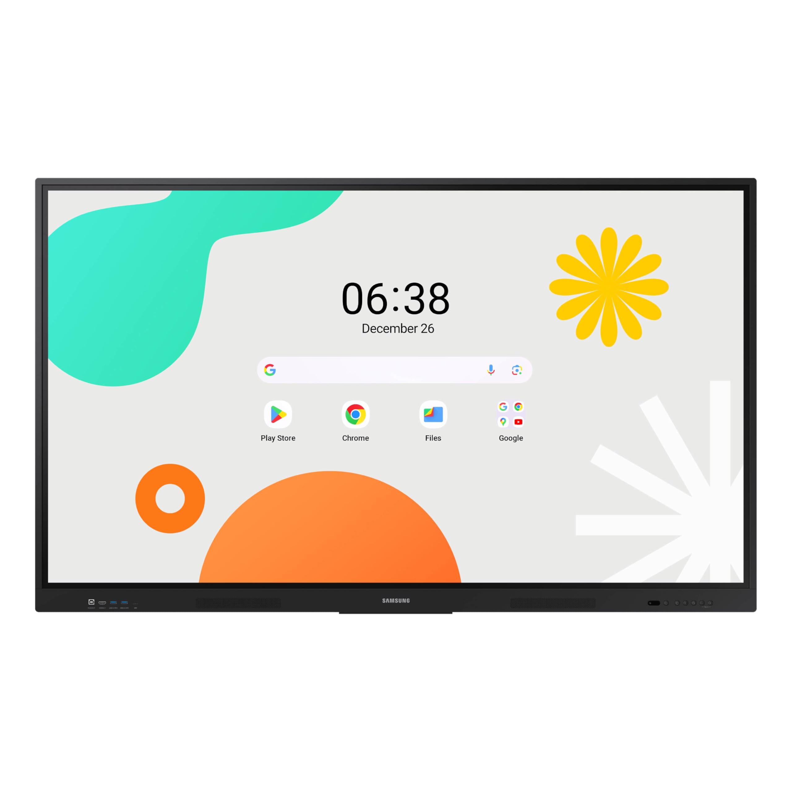 Samsung 86 inch WAF interactive whiteboard front view with Android home screen