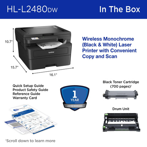 Brother Wireless HL-L2480DW Compact Monochrome Multi-Function Laser Printer with Print, Copy and Scan, Duplex and Mobile Printing, Refresh Subscription Ready
