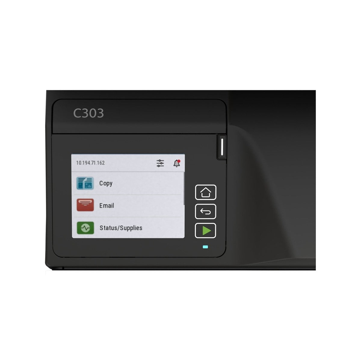 Close up of the Xerox C303a 2.8 inch color touchscreen showing Copy, Email and Status Supplies