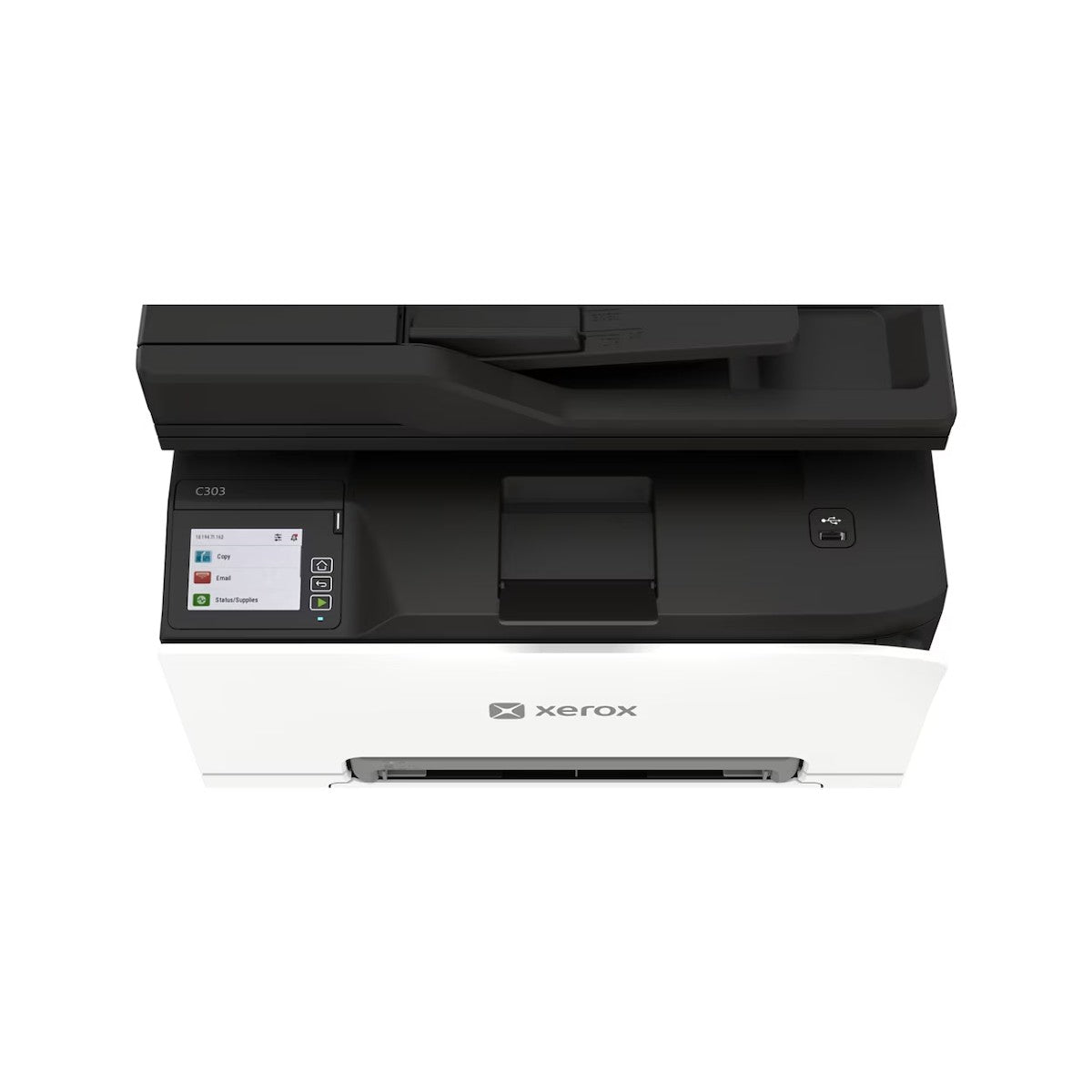 Top down view of the Xerox C303a control panel, touchscreen and front USB port