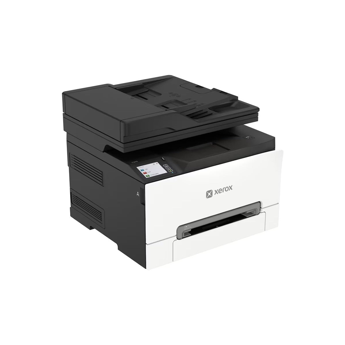 Xerox C303a color laser printer from the left side showing the ventilation panel and output tray